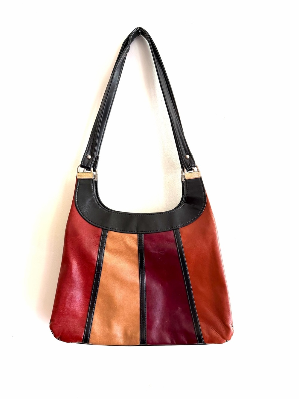 Vintage Cabrelli Faux Leather Shoulder Bag in Black, Red, Tan, Burgundy & Orange